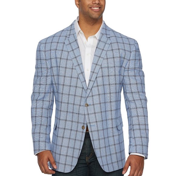 Stafford Other - Stafford Blue Brown Windowpane Linen Sport Coat